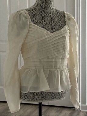 Endless Rose Cream Pintuck Peplum Feminine Blouse - Long Puff Sleeves